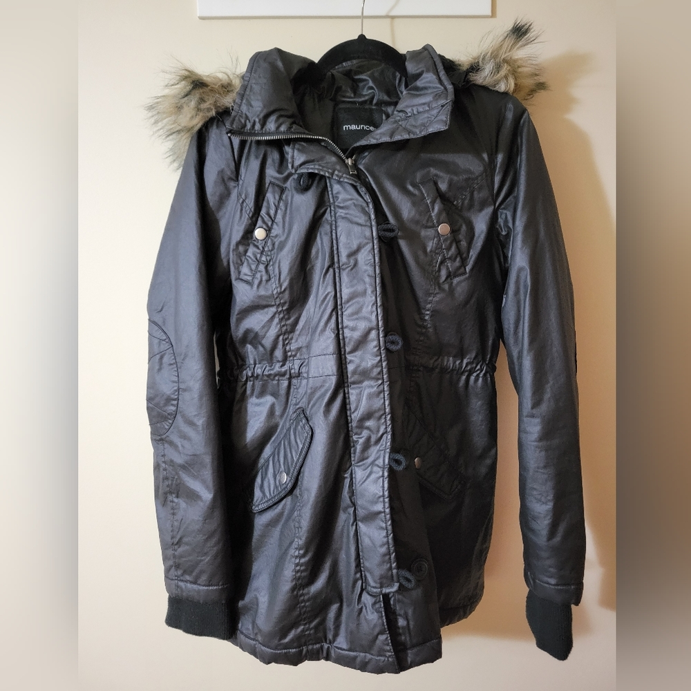 Maurices Black Faux Fur Hooded Coat Women's Size Medium